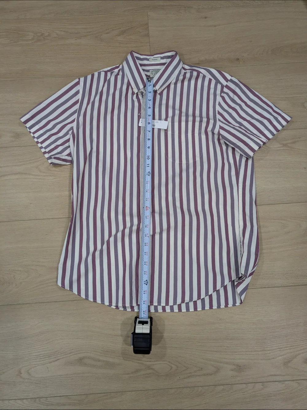 J. Crew Short-Sleeve Button-Down Shirt in White and Purple Stripe